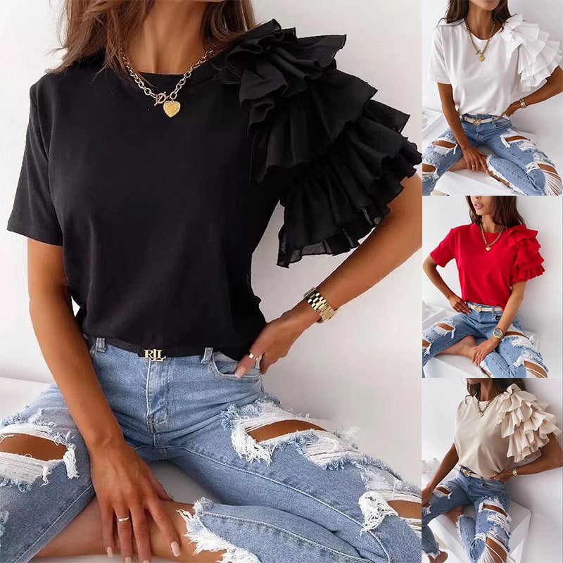 Simple Fashion Ruffles Sleeve Round Neck Blouses