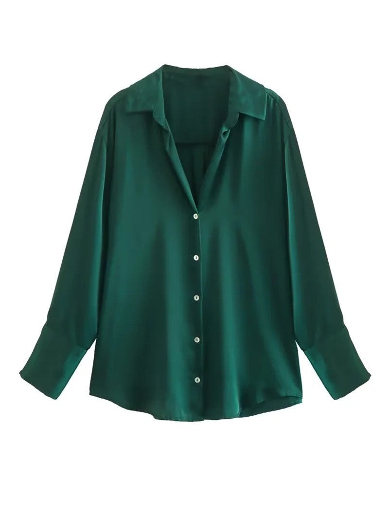 Women's Autumn Silk Satin Texture Draping Long-sleeved Blouses