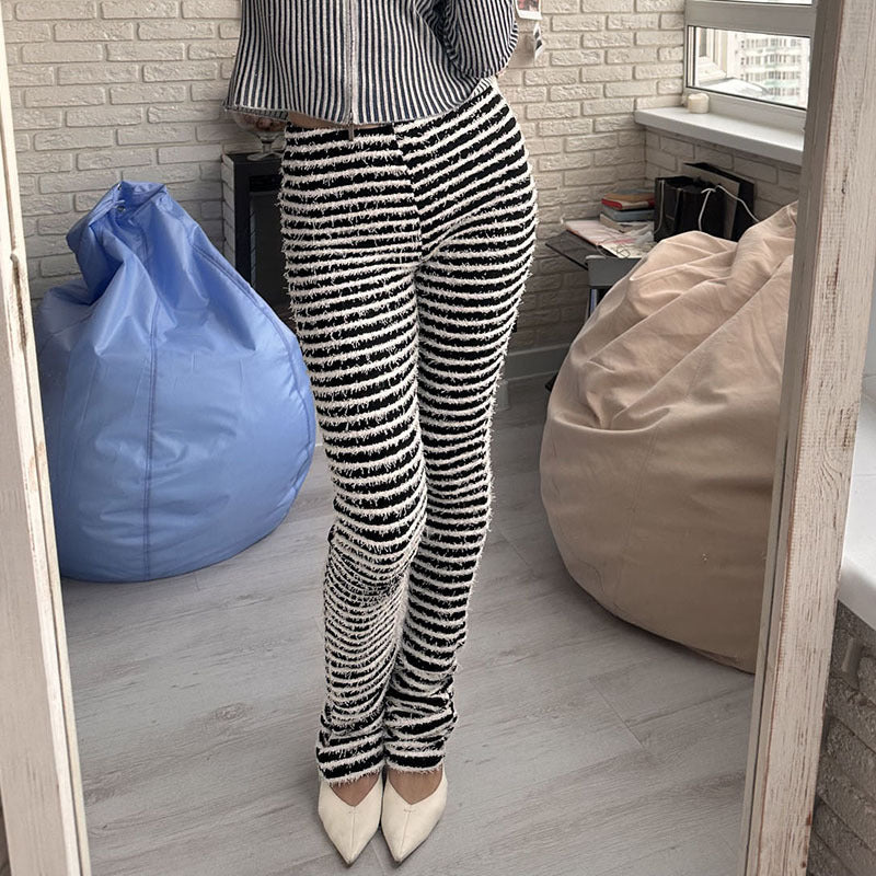 Women's Waist Hip Lift Woolen Striped Sexy Pants