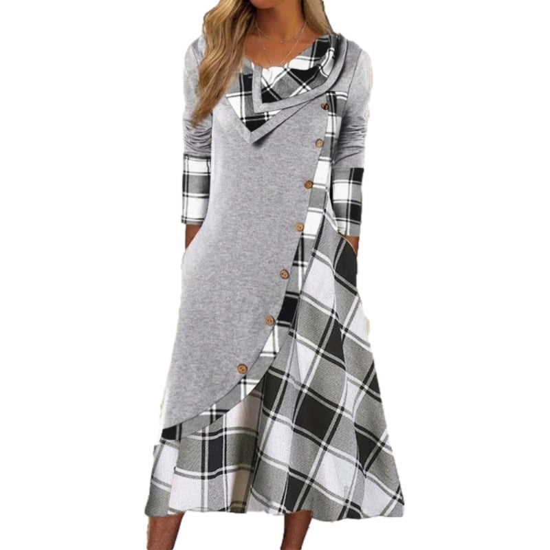 Women's Printed Stitching Button Strip Pocket Heap Dresses