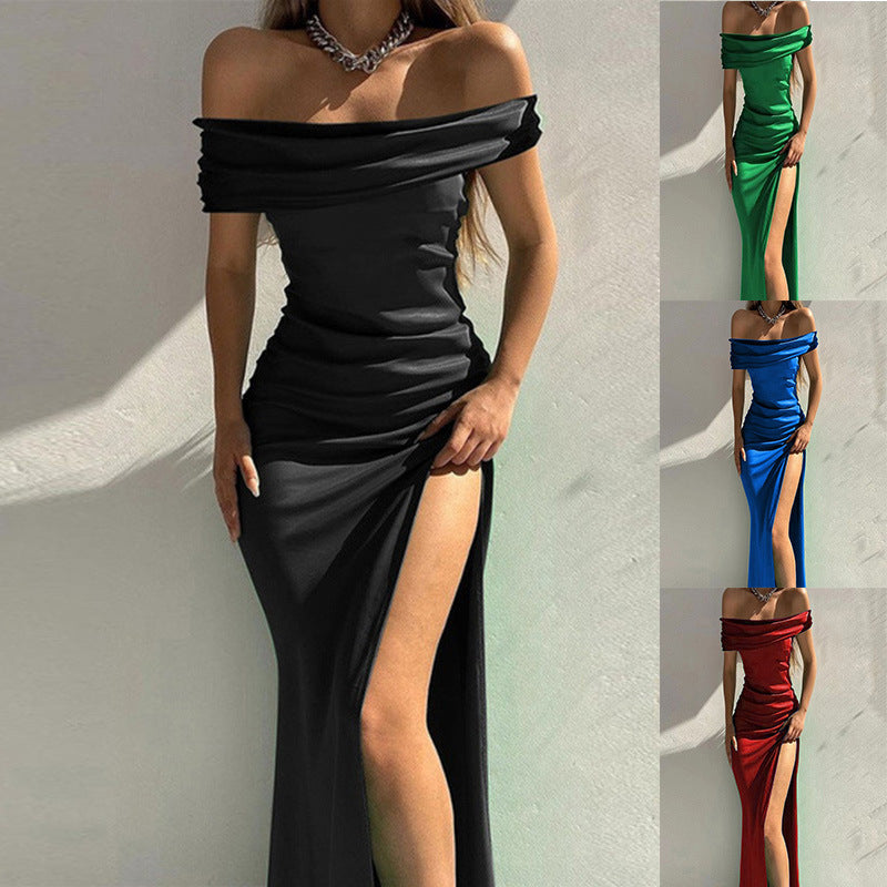 Glossy Stretch Solid Color Off-neck Sexy Maxi Dresses