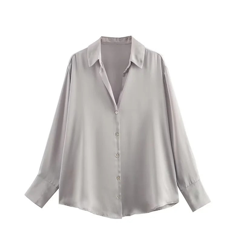 Women's Autumn Silk Satin Texture Draping Long-sleeved Blouses