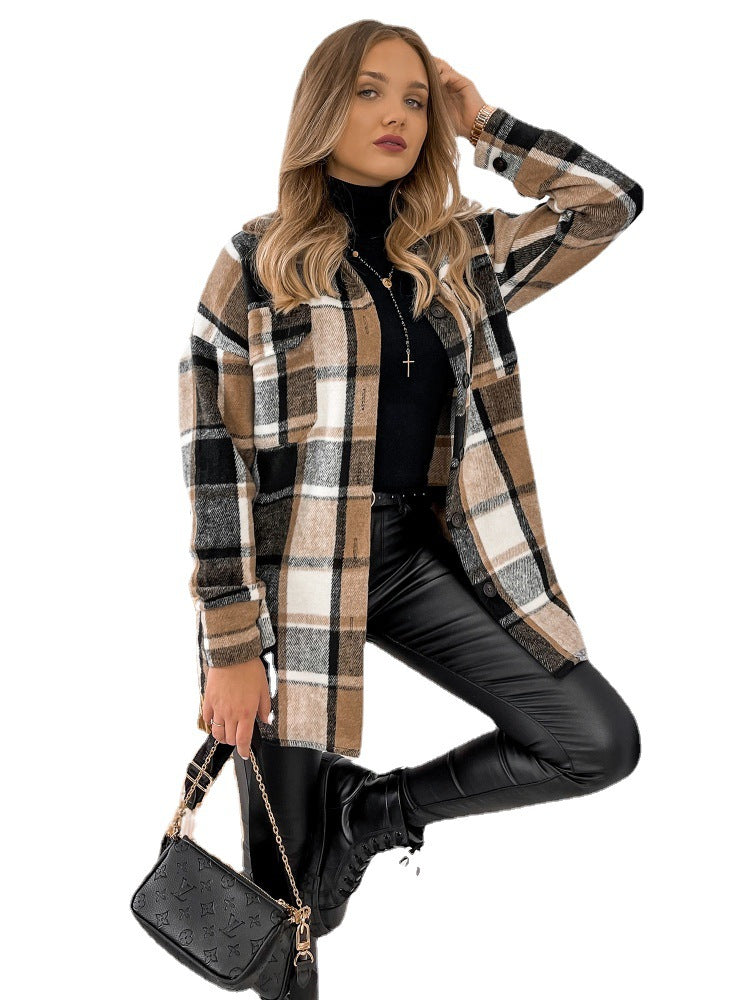 Long Sleeve Single-breasted Plaid Printed Collar Coats