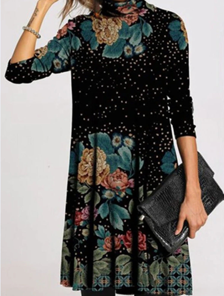 Women's Fashion Printed Collar Long Sleeves Loose Dresses