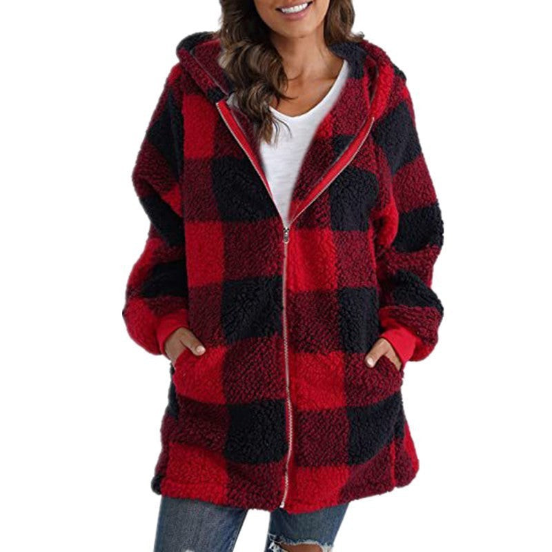 Women's Plush Long-sleeved Plaid Hooded Zipper With Jackets