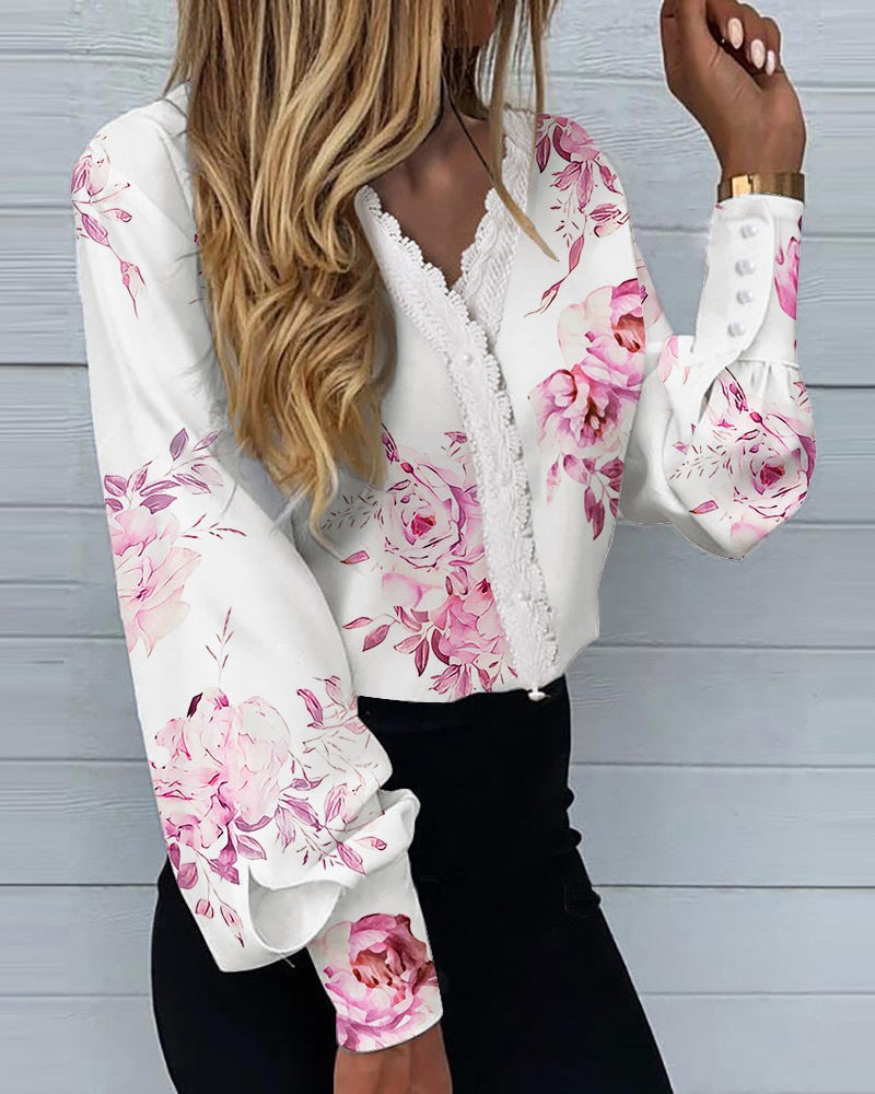 Women's Fashionable Printed Lace Casual Shirt Blouses