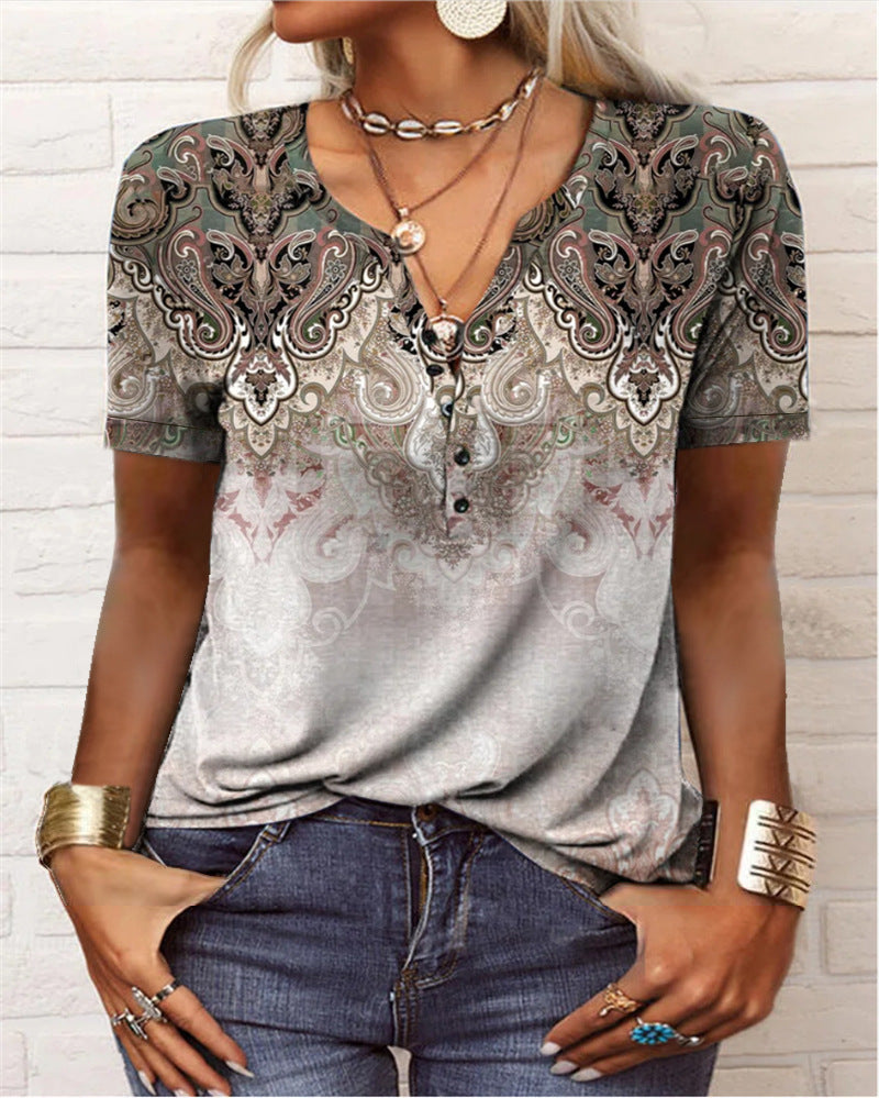 Women's Short-sleeved Printed Ethnic Fashion T-shirt Blouses