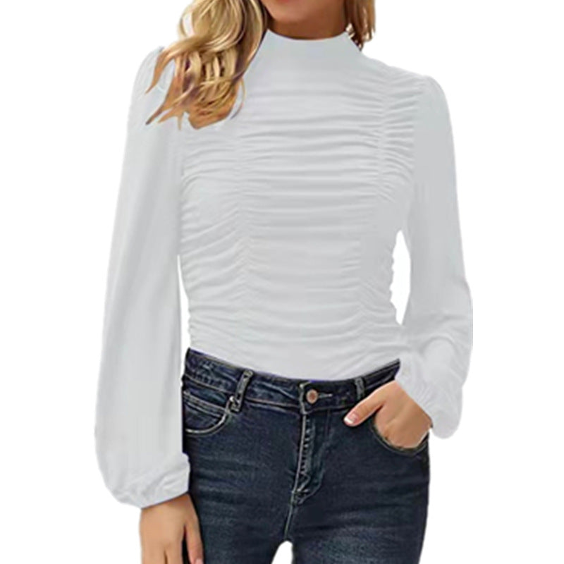 Women's Color Long Lantern Sleeve Turtleneck Pleated Blouses