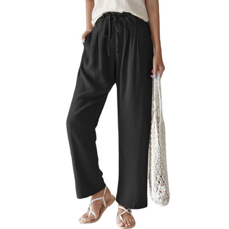 Women's Linen Loose Casual Pure Color Elastic Waist Lace Up Pants