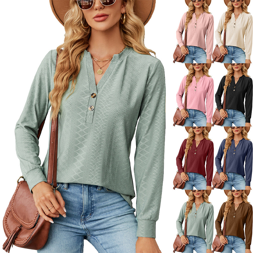 Women's And Button Jacquard Loose-fitting Long Sleeve Blouses