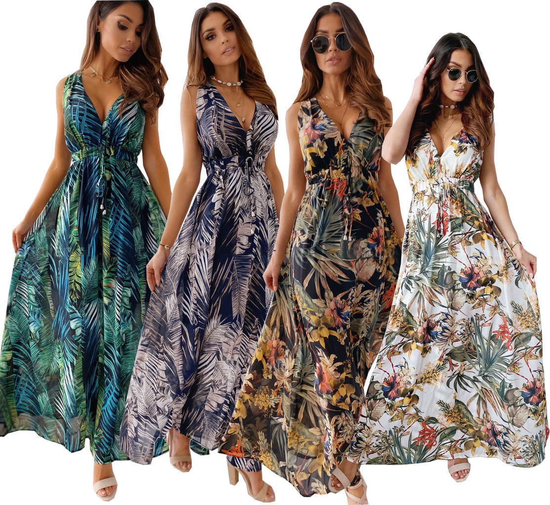 Women's Summer Print Backless Lace Dress Dresses