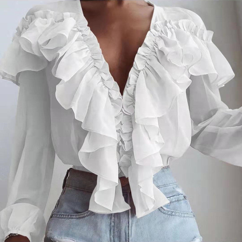 Ruffled Loose Pullover Chiffon Shirt White Blouses