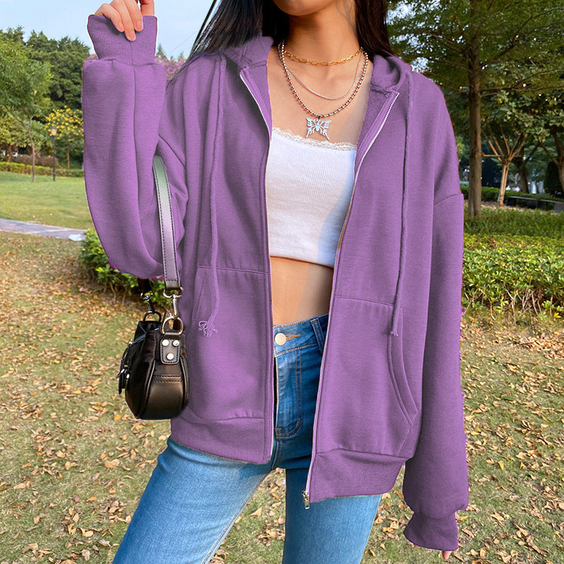 Women's Solid Color Hooded Fleece-lined Long-sleeved Loose Coats