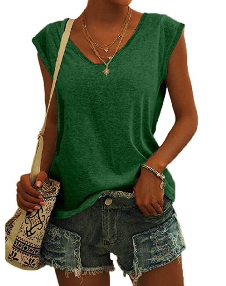 Women's Simple Solid Color V-neck Sleeve Loose Blouses