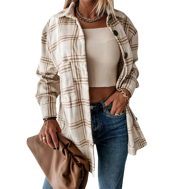 Women's Plaid Shirt Loose Mid-length Woolen Coats