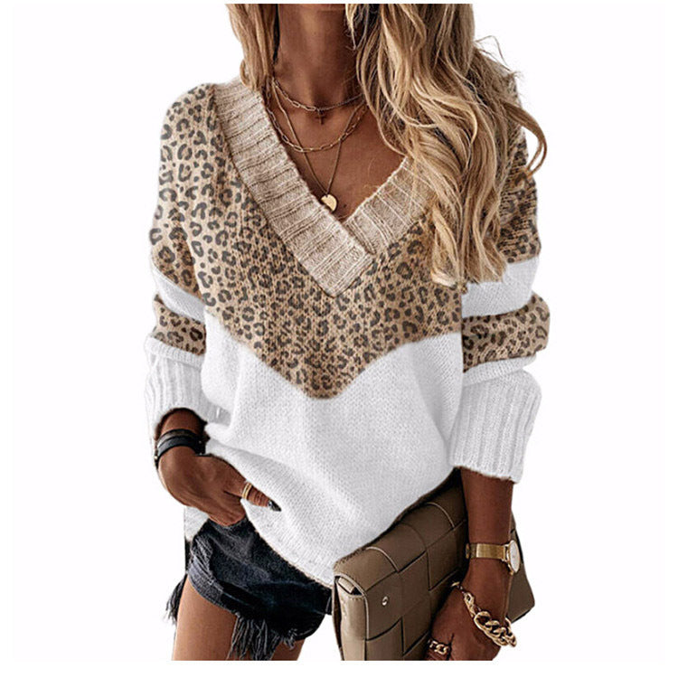 Women's Pullover V-neck Loose Color Matching Contrast Sweaters