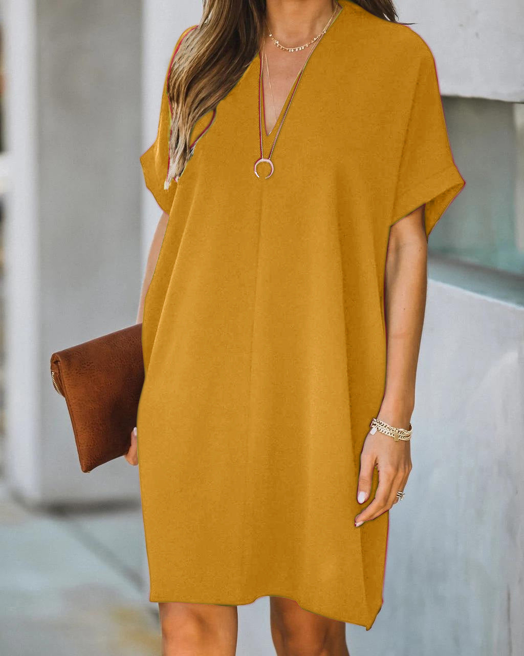 Women's V-neck Short-sleeved Solid Color Loose Dresses