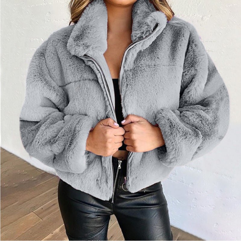 Women's Rabbit Fur Imitation Zipper Warm Plush Cardigans