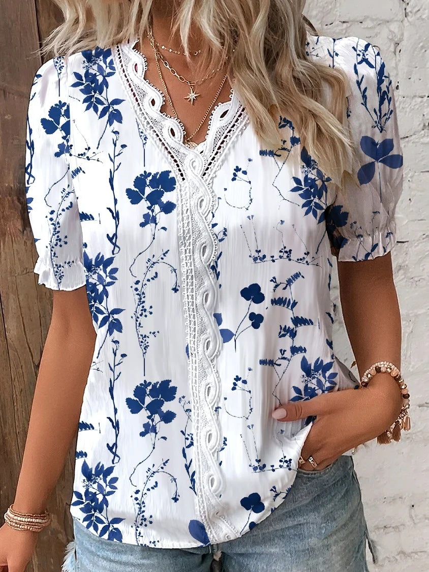 Women's Summer Lace Stitching Printing Shirt Blouses