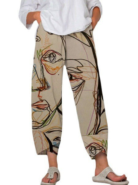 Women's High Waist Gray Printed Stitching Loose Cropped Pants