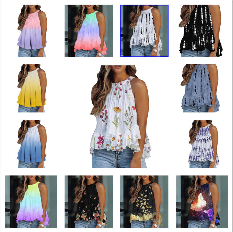 Women's Print Round Neck Halter Sexy Sleeveless Blouses