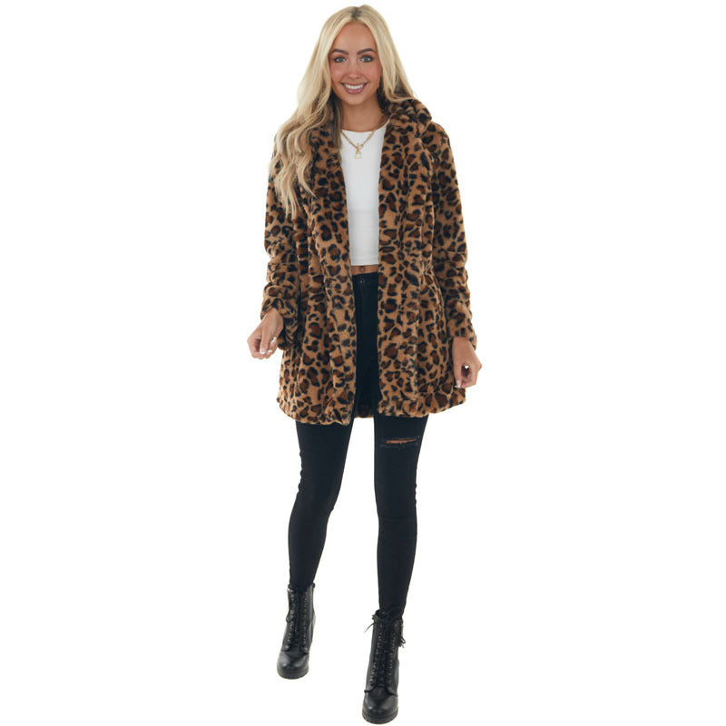 Women's Leopard Print Fashion Temperament Fur Loose Furry Coats