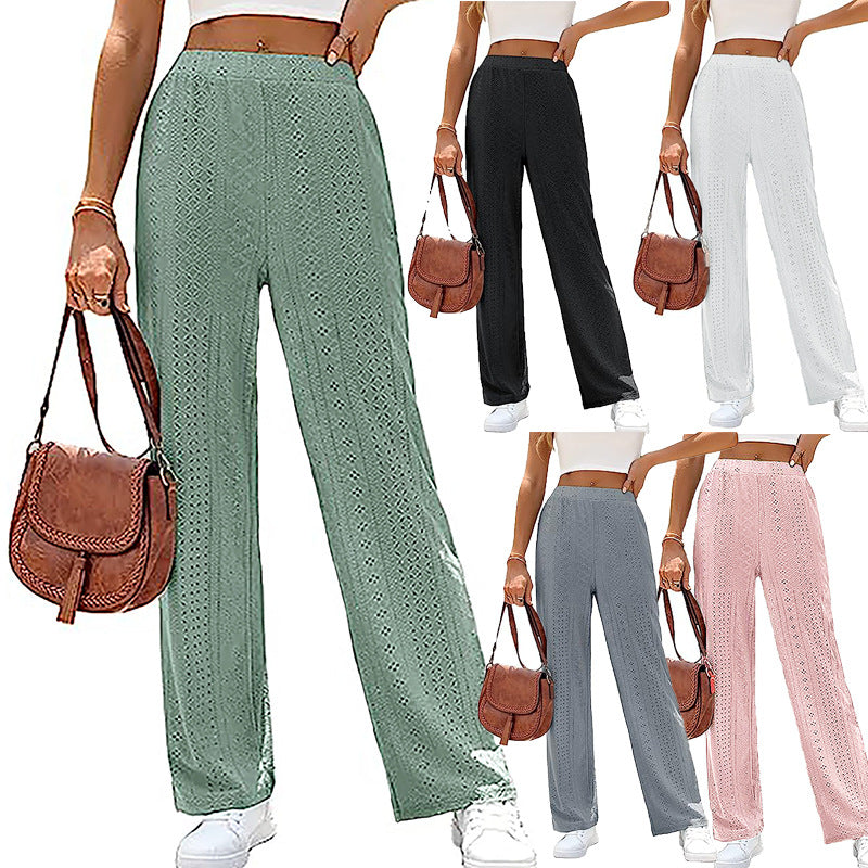 Women's Casual Solid Color Hollow Elastic Waist Pants