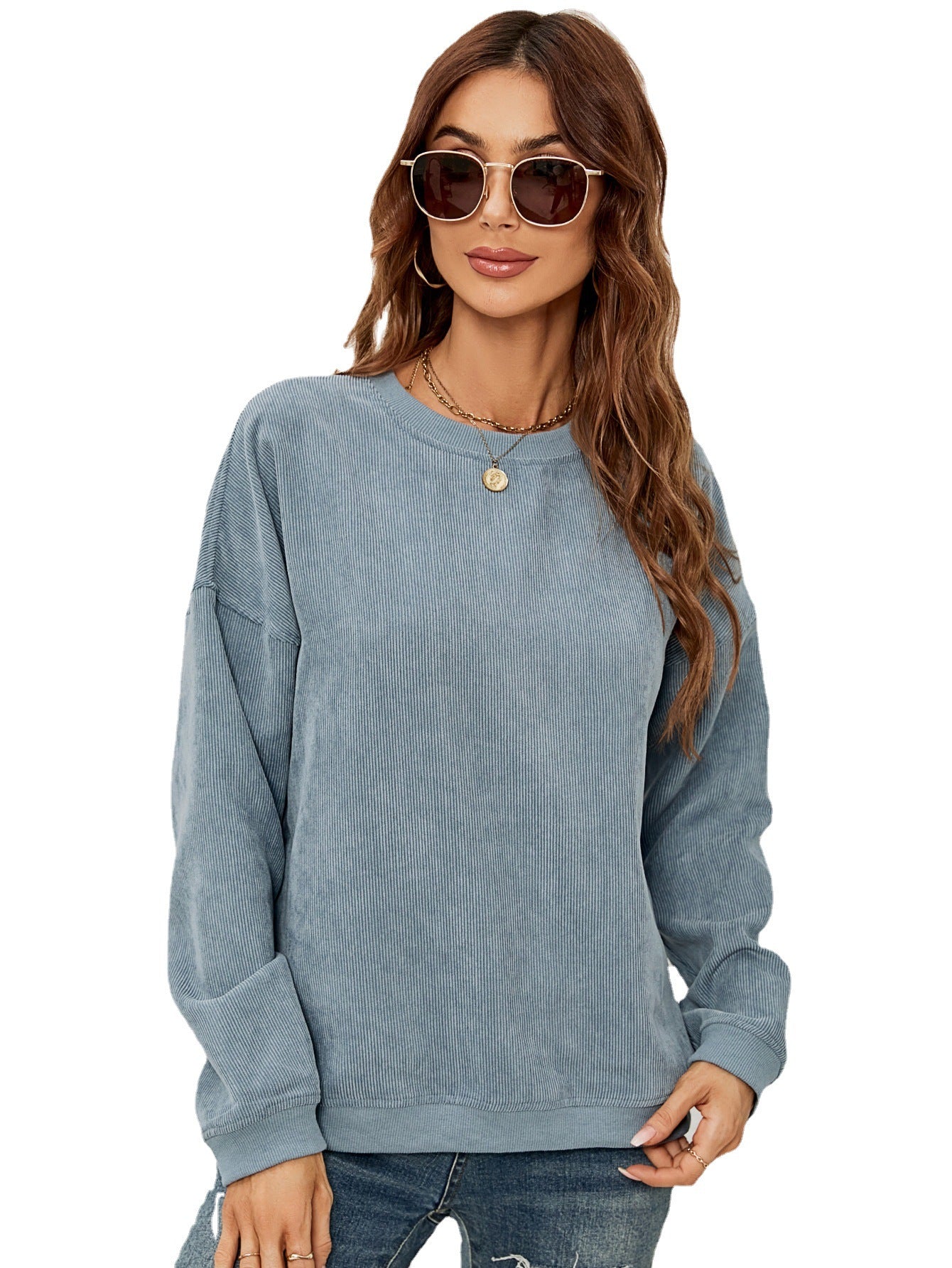 Women's Corduroy Casual Round Neck Pullover Long-sleeved Sweaters