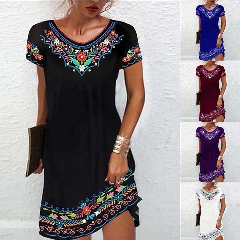 Summer Mid-waist Printed Urban Casual Short-sleeved Dresses