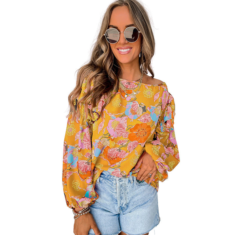 Women's Loose Pullover Spring Floral Print Ruffle Sleeve Tops