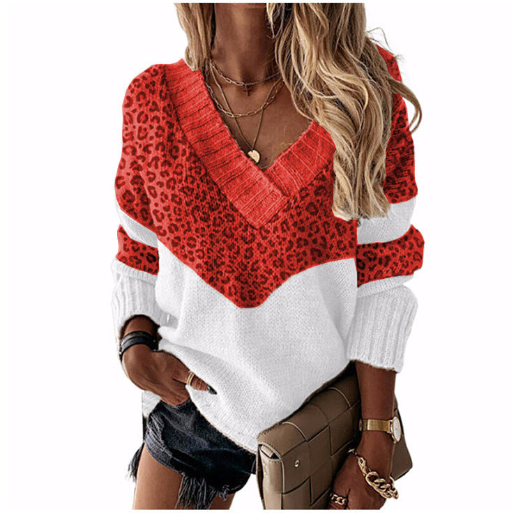 Women's Pullover V-neck Loose Color Matching Contrast Sweaters