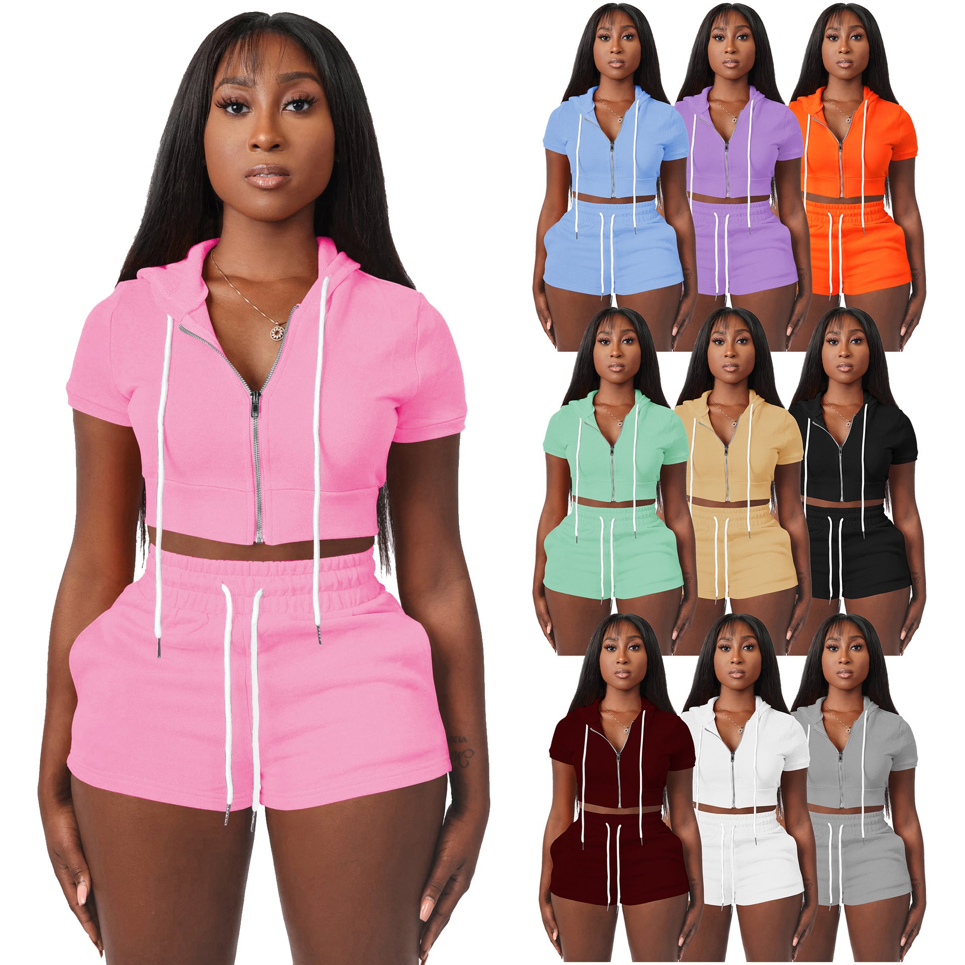 Women's Zipper Solid Color Hoodie Two-piece Set Suits