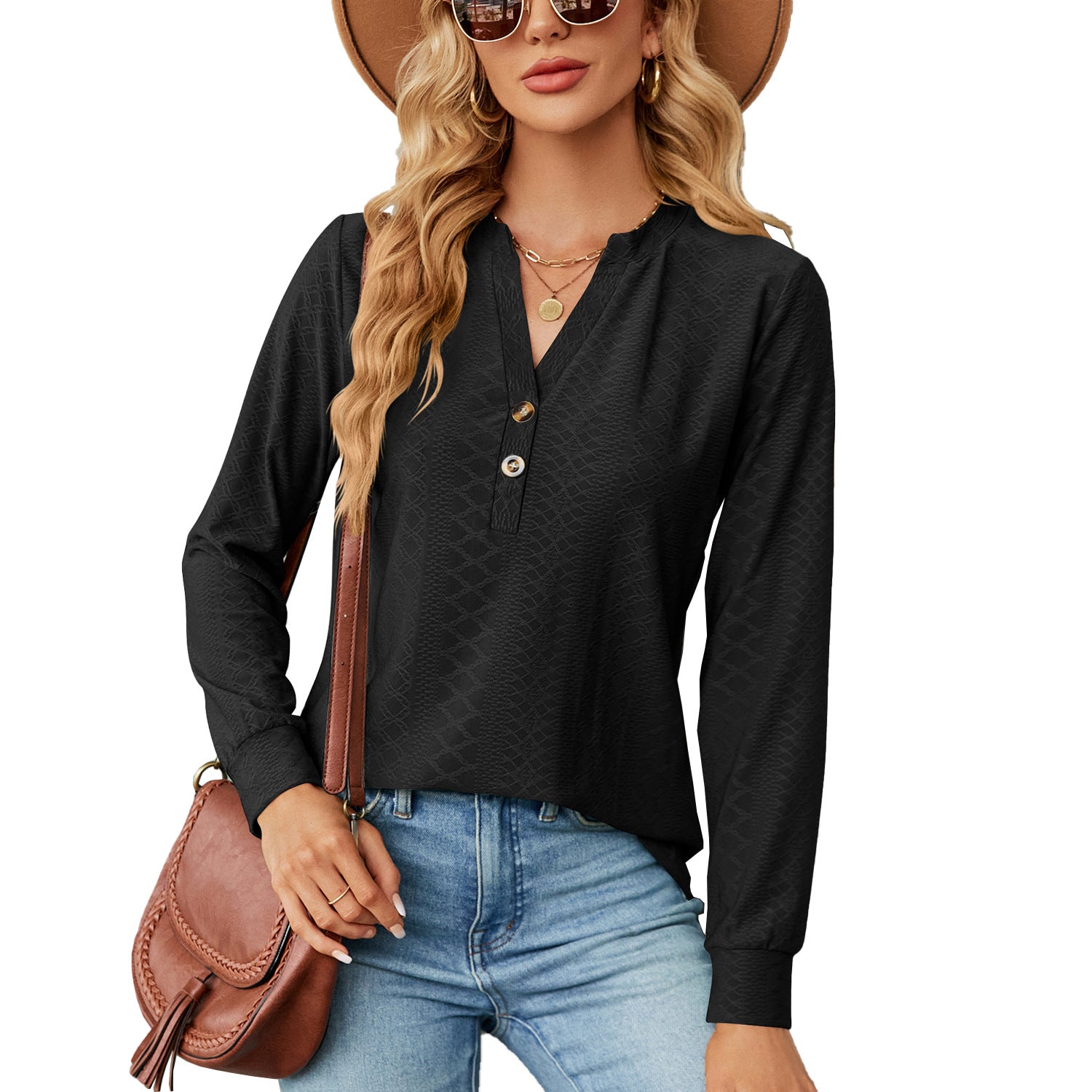 Women's And Button Jacquard Loose-fitting Long Sleeve Blouses