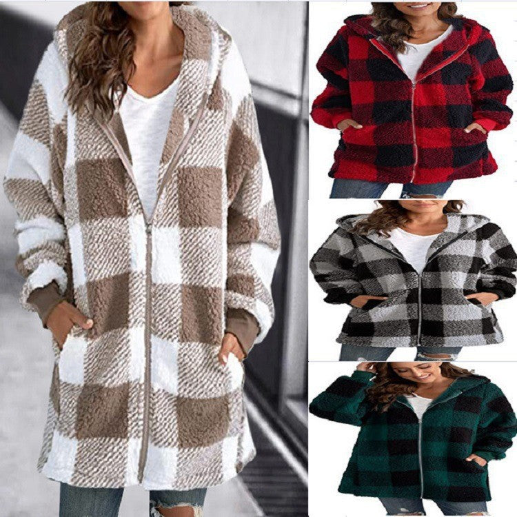 Women's Plush Long-sleeved Plaid Hooded Zipper With Jackets