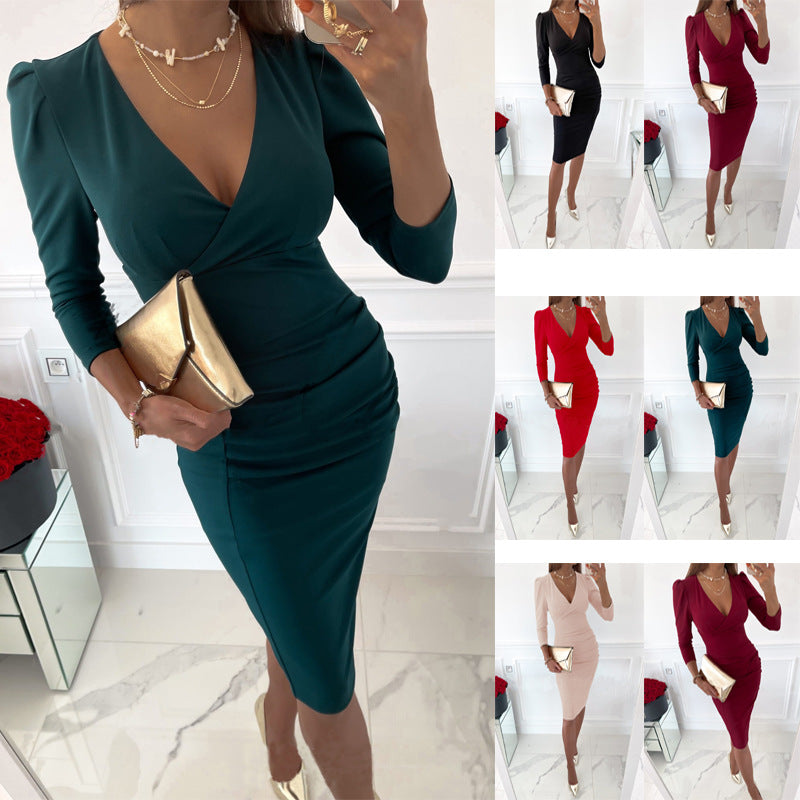 Women's Autumn Collar Sexy Temperament Commuter Waist-tight Solid Dresses