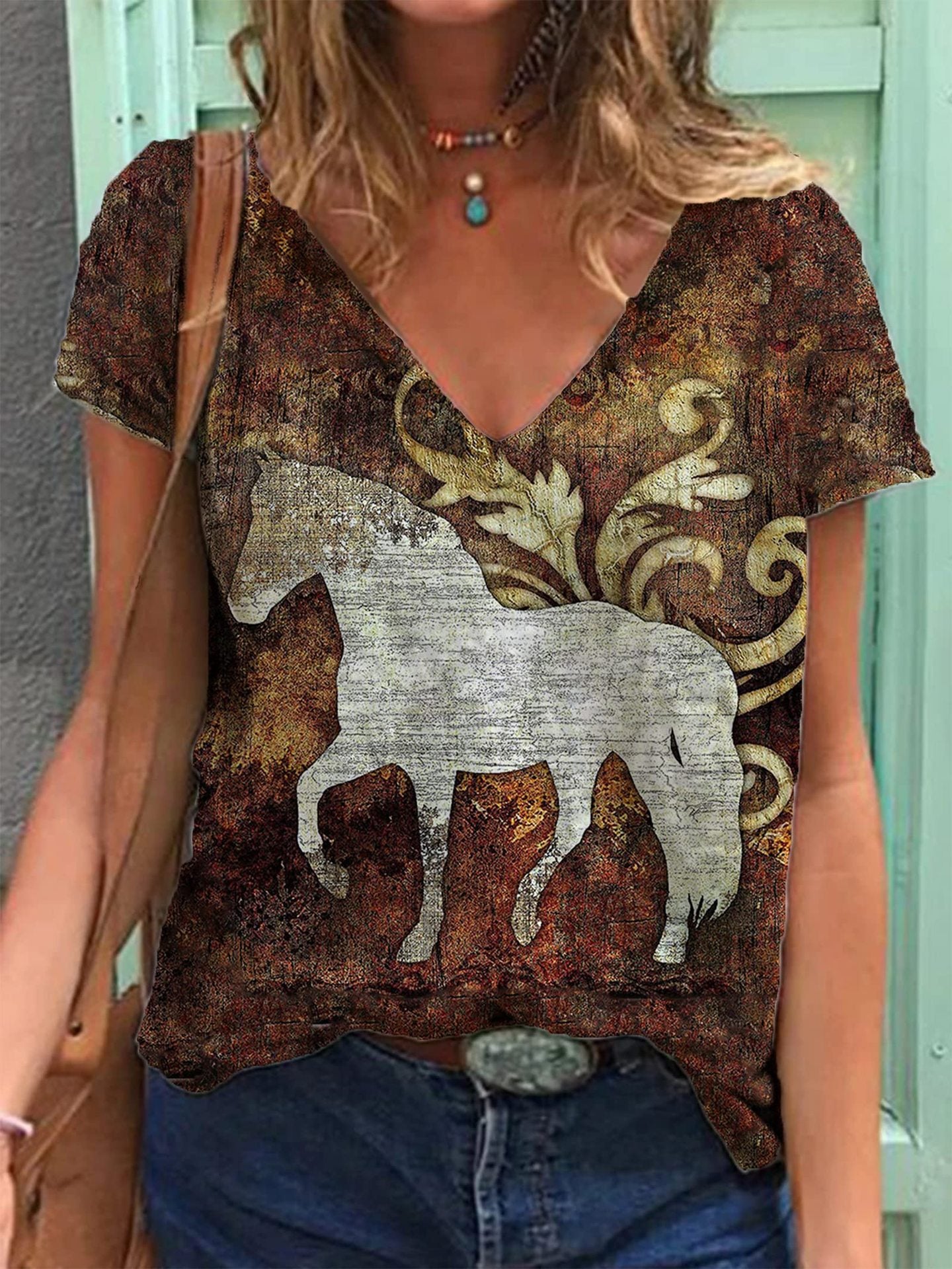 Women's Retro Western Denim Printing Short-sleeved T-shirt Blouses