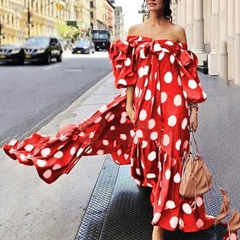 Women's Off Shoulder Polka Dot Bohemian Maxi Dresses