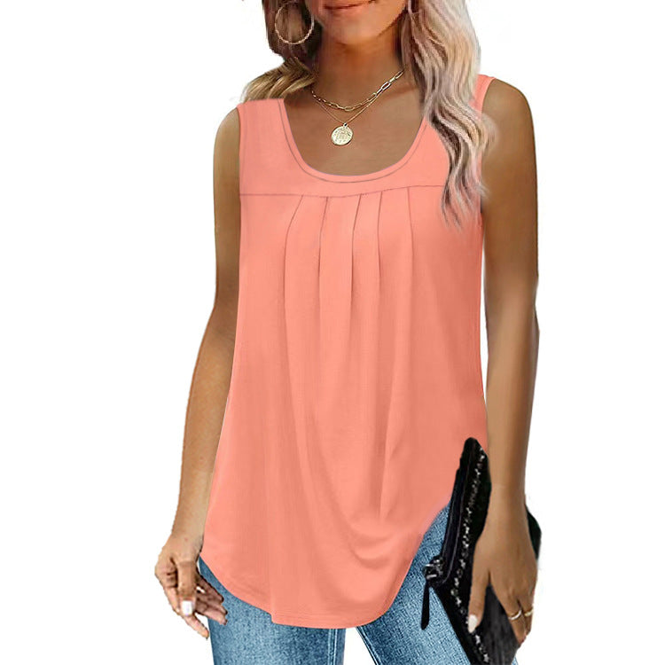 Women's Pleated Round Neck Dovetail Sleeveless Blouses