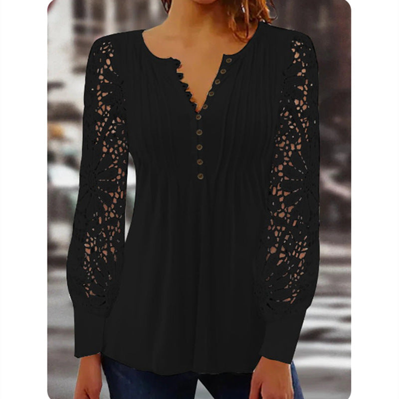 Women's Spring Lace Long Sleeve Pleated Solid Tops