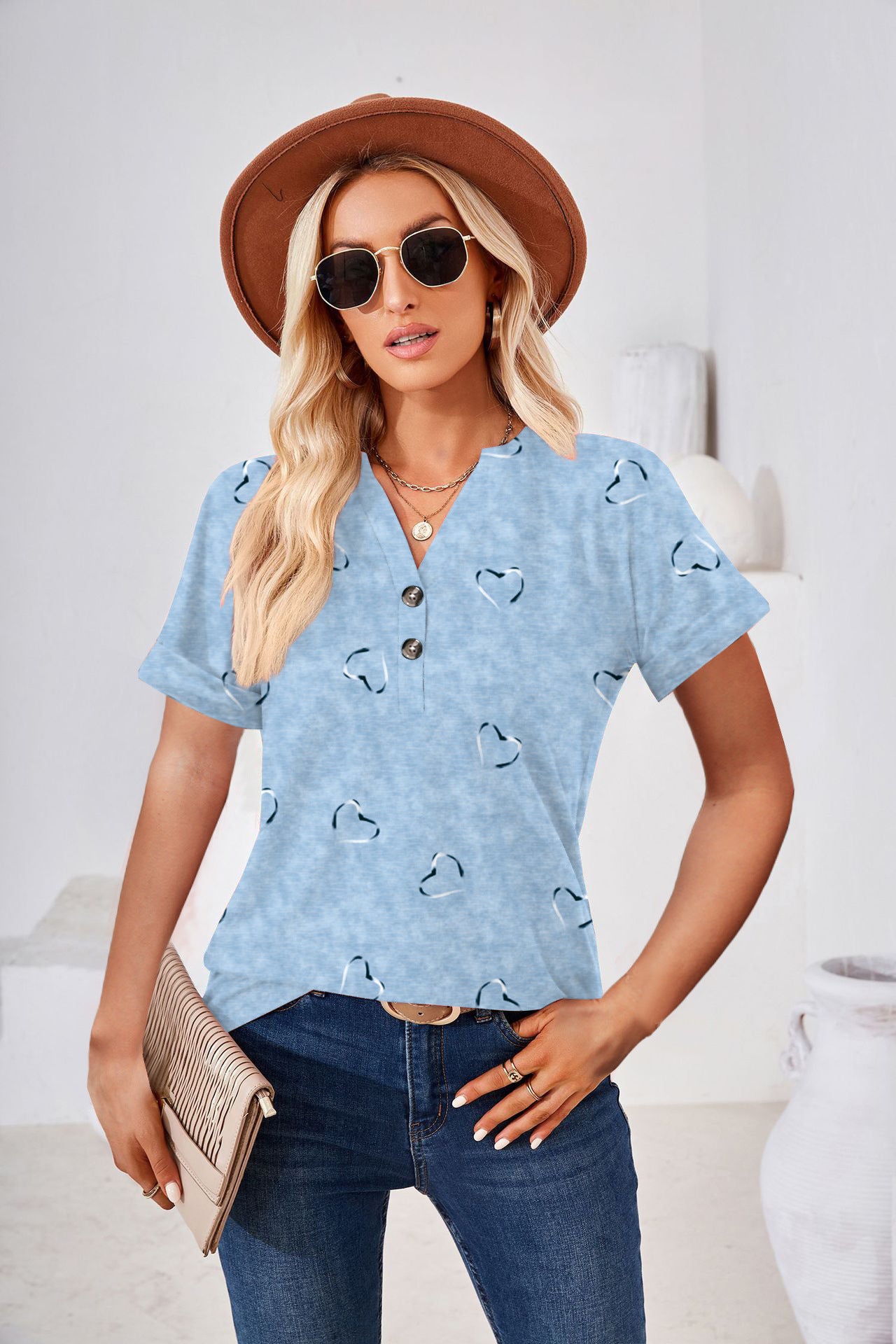 Women's Fashion Casual Printing Button T-shirt Blouses