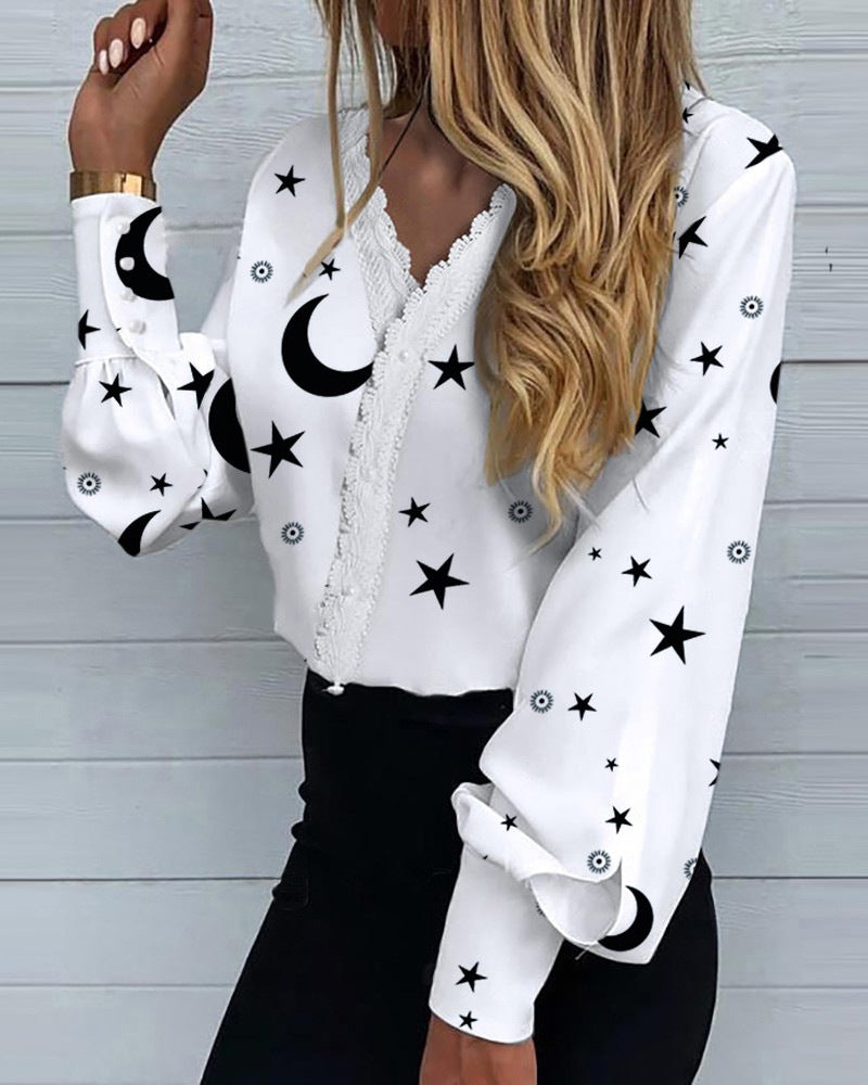 Women's Fashionable Printed Lace Casual Shirt Blouses