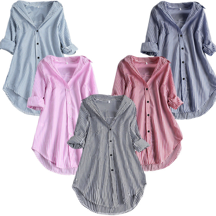 Women's Loose Vertical Striped Mid-length Casual Fashion Blouses