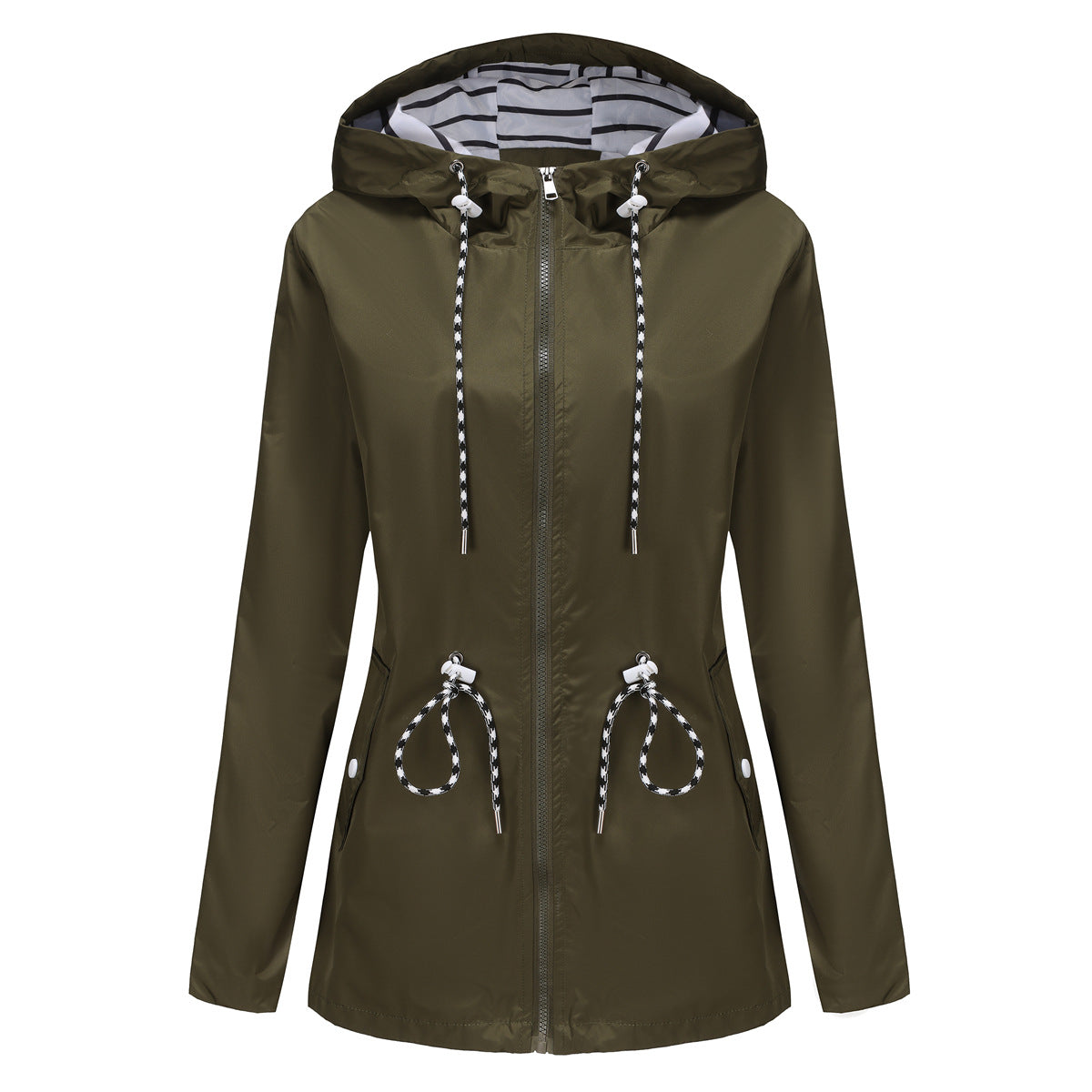 Women's Long-sleeved Waterproof Mid-length Trench Hooded Striped Coats