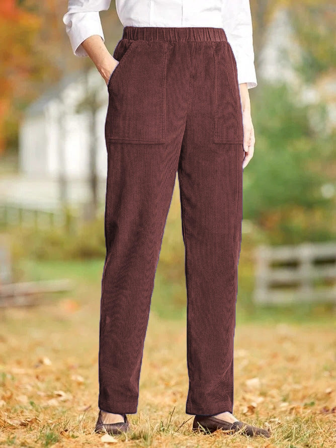 Women's Corduroy Casual Solid Color Pocket Trousers Pants