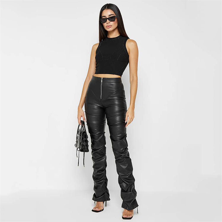 Women's Fashion Tight Long Leather Trousers Personality Pants