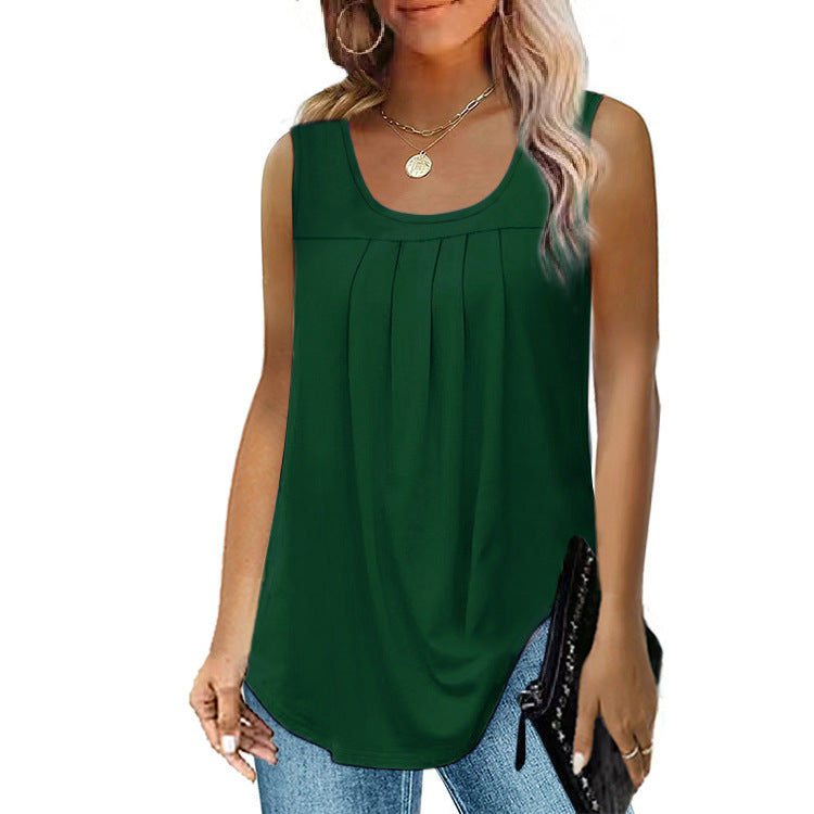 Women's Pleated Round Neck Dovetail Sleeveless Blouses