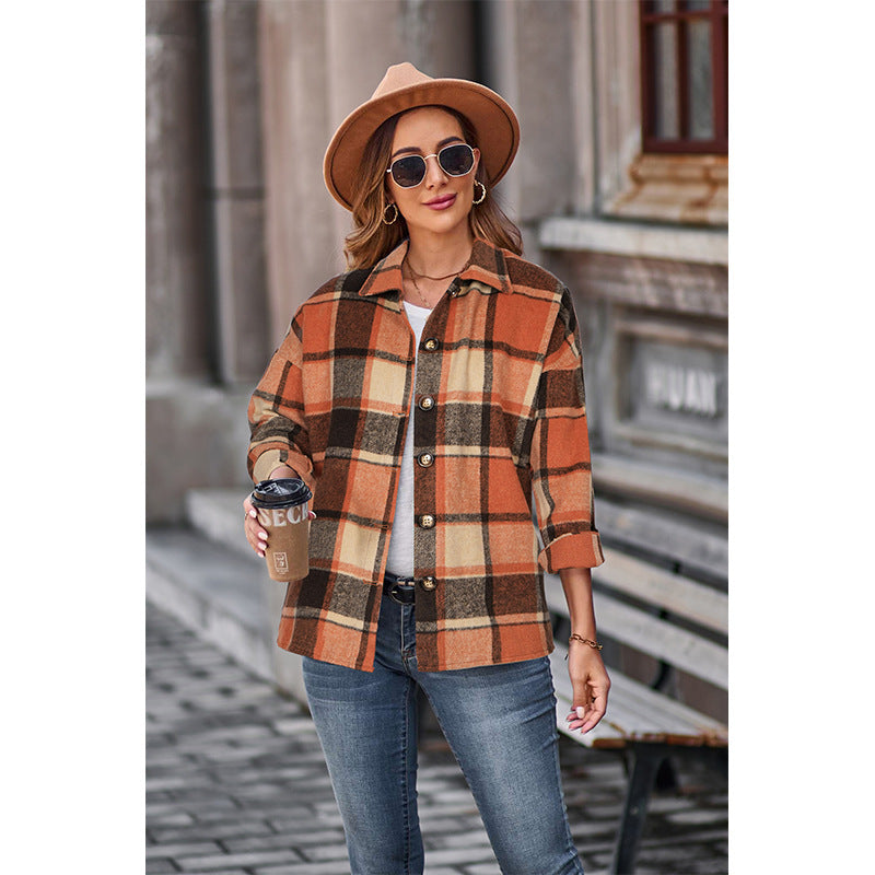 Women's Long Sleeve Loose Plaid Shirt Mid-length Coats