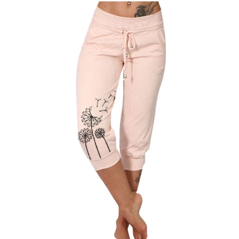 Women's Printed Waist Elastic Drawstring Design Casual Pants