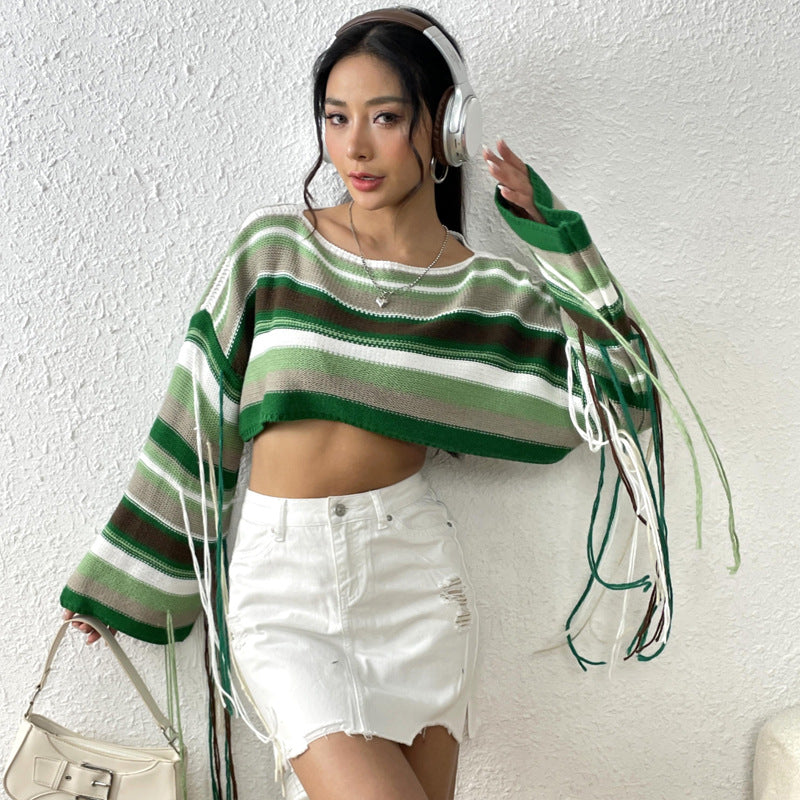 Women's Rainbow Striped Fringed Sexy Ultra Loose Sweaters