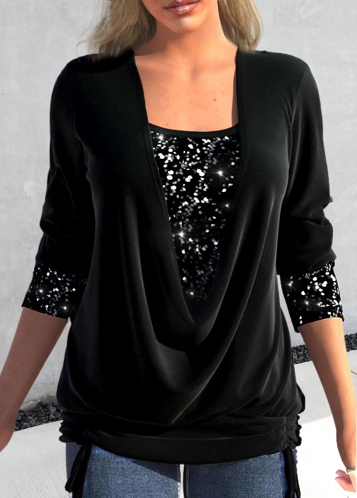 Women's Sequin Contrast Solid Color Long-sleeved Large Drop Collar Blouses